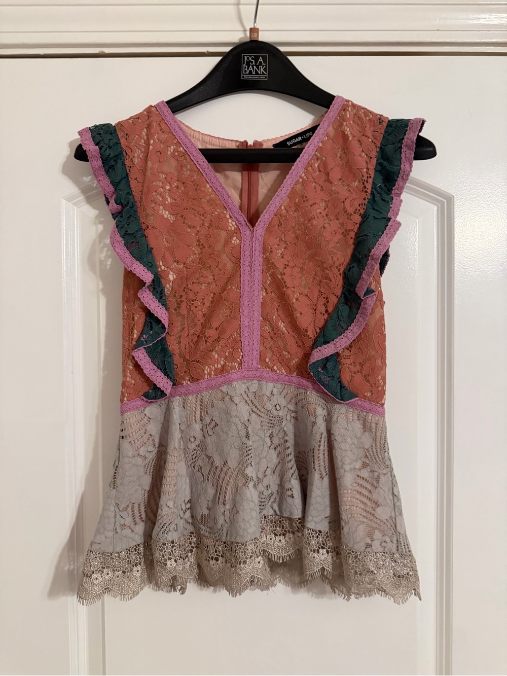 Sugarlips Pink Coral Lace Peplum Camisole with Green Ruffle Trim and Beige Hem